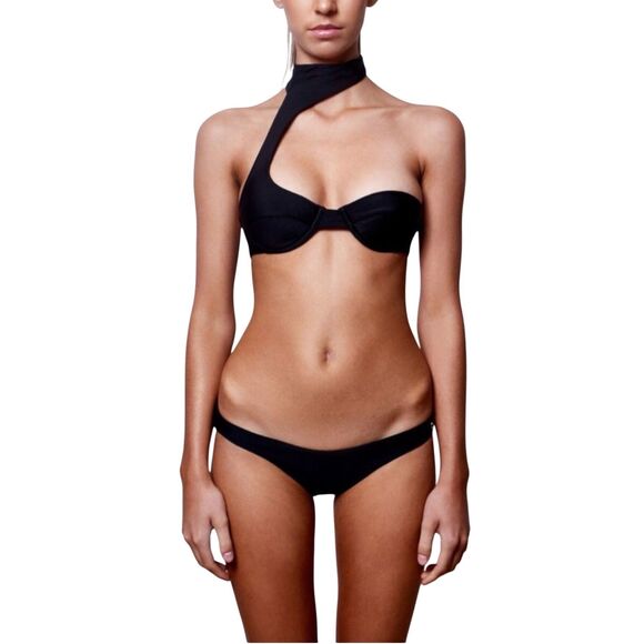 Zingiber Women's One Sided Halter Top & Bikini Bottom 2Pc Set Black Size 10 NWOT - Picture 1 of 7